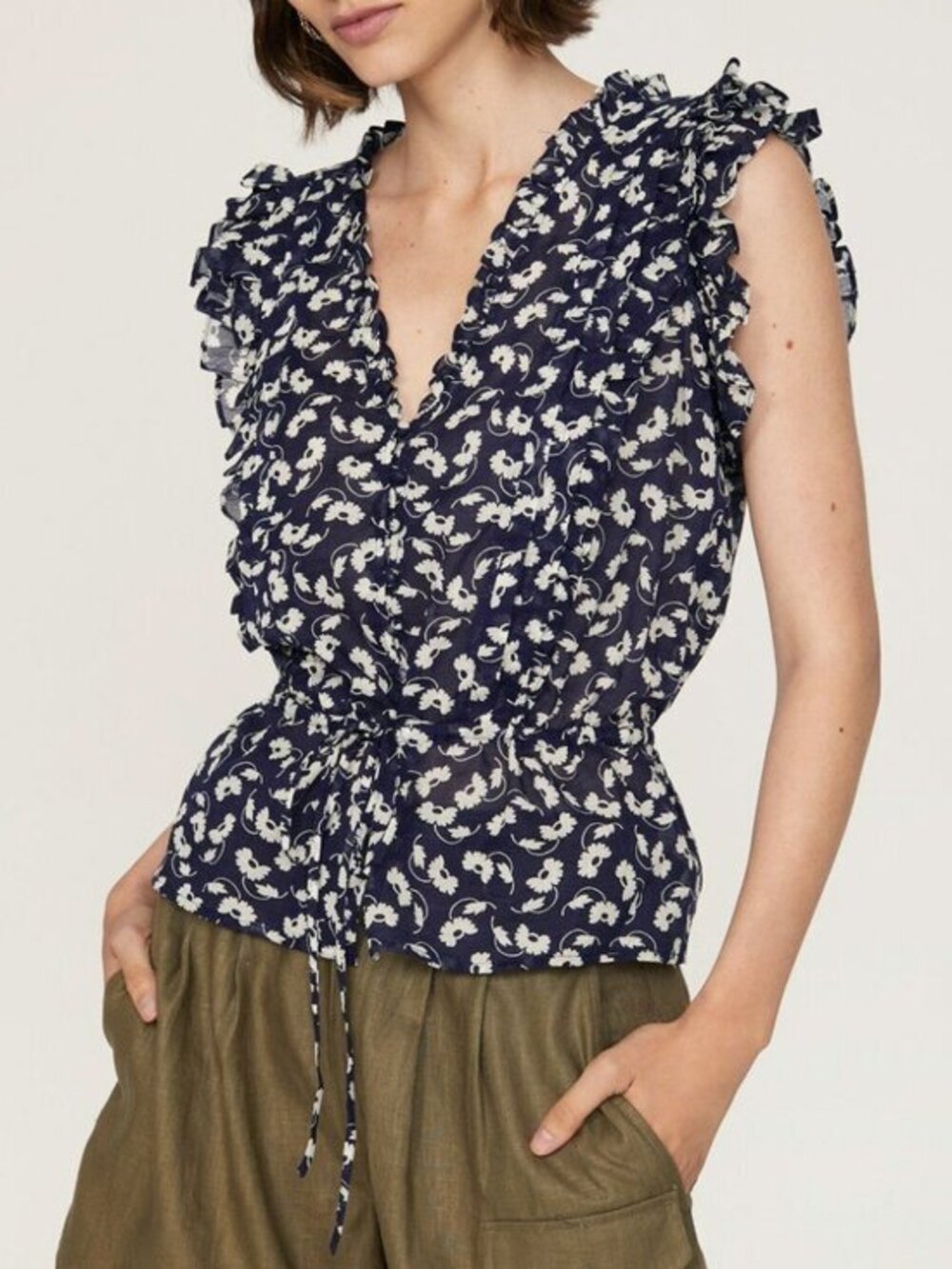 New Polo RL 100% Cotton Floral Ruffle Sleeve Blouse Navy Ivory 4, S $198
